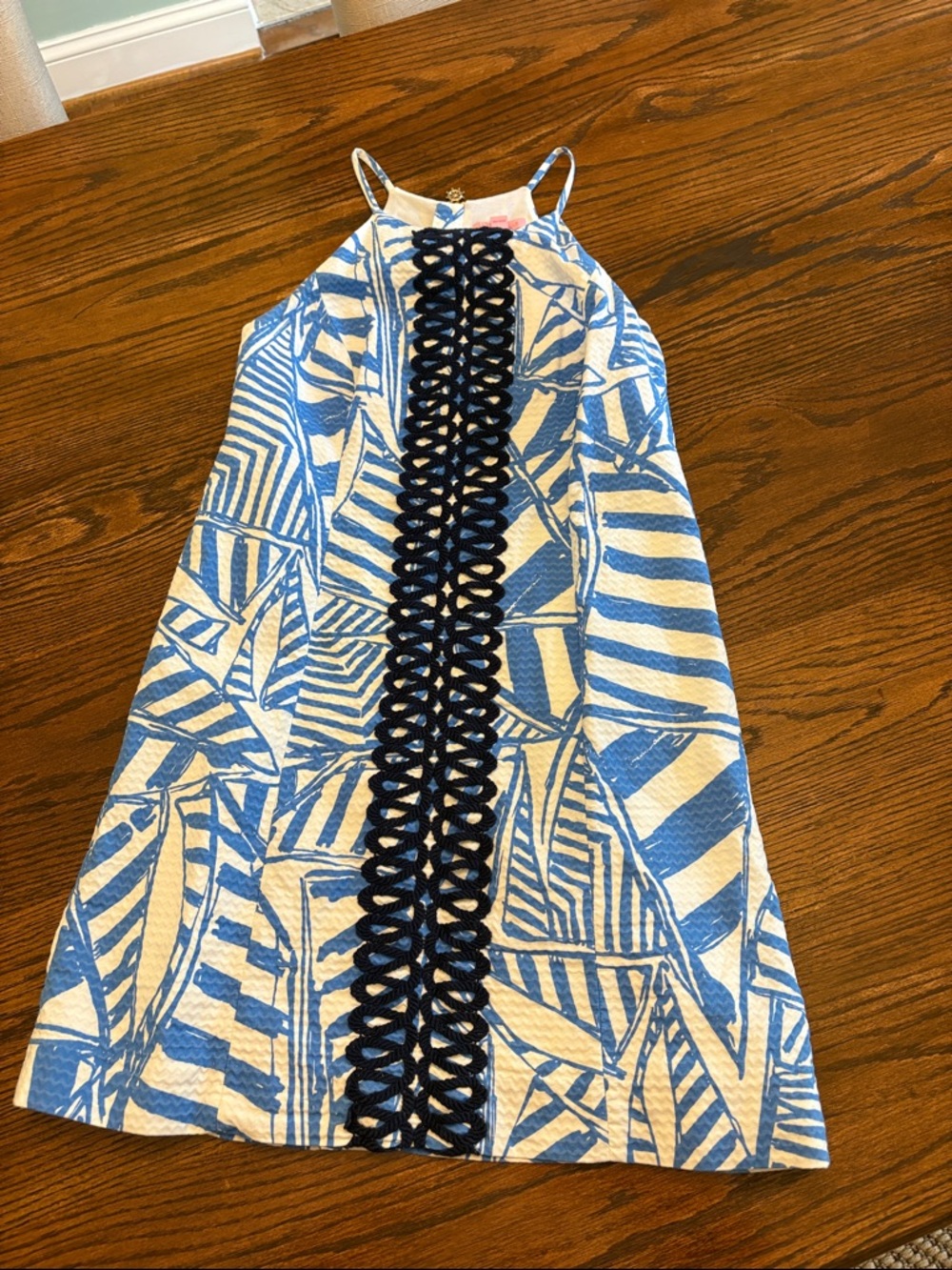 Lilly Pulitzer Blue and White Printed Halter Sundress with Navy Trim